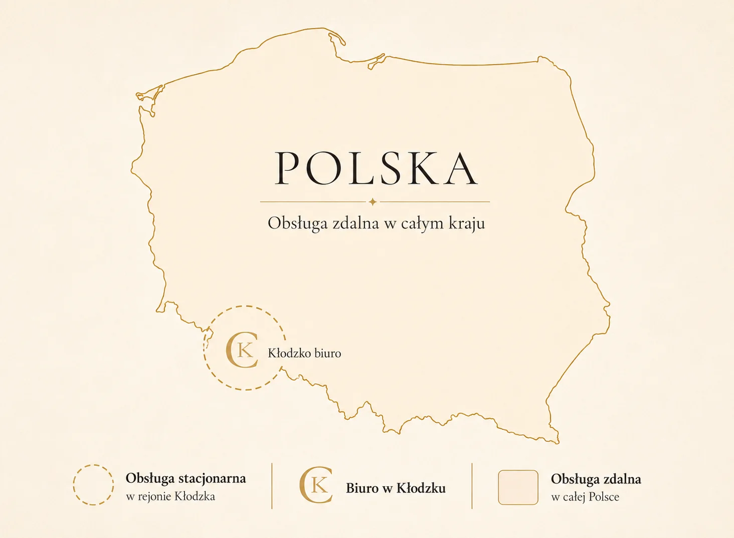 Mapa obszaru działalności Koptyra Consulting z biurem w Kłodzku